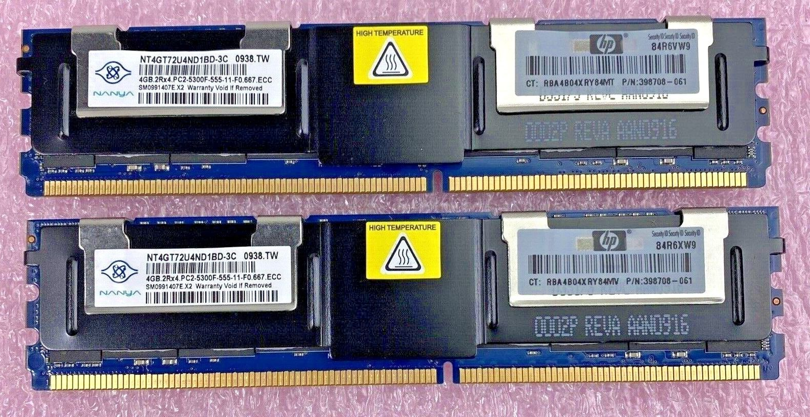 2x 4GB Nanya HP 398708-061 PC2-5300F 667MHz 2Rx4 ECC DDR2 FBDIMM Server Memory