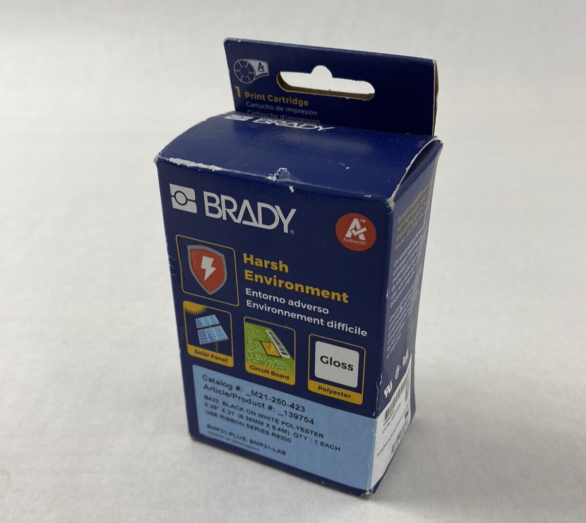 Brady 139754 M21-250-423 Black on White Polyester 6.35MM x 6.4M Label Cartridge