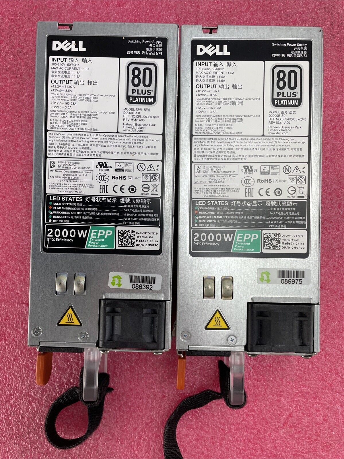 Lot of 2 Dell DMVP7C D2000E-S0 80 Plus Platinum 2000W Switching Power Supply