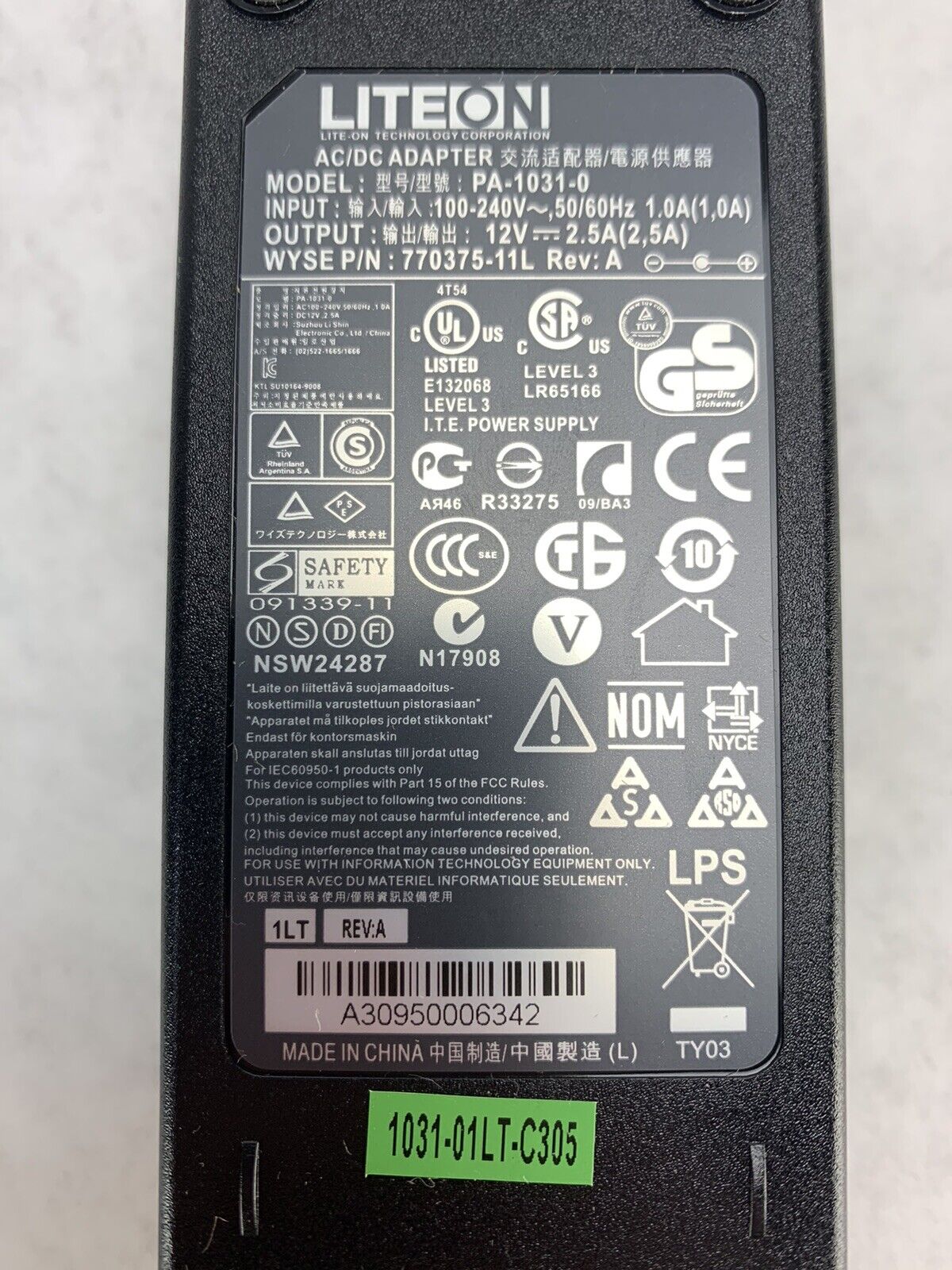 Genuine Liteon PA-1031-0 AC Power Adapter 12V 2.5A 30W Charger W/P.Cord