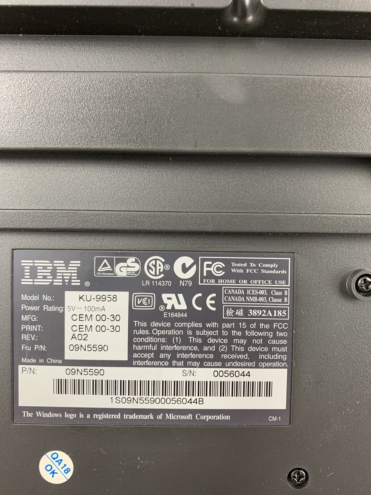 IBM KU-9958 Keyboard 09N5590