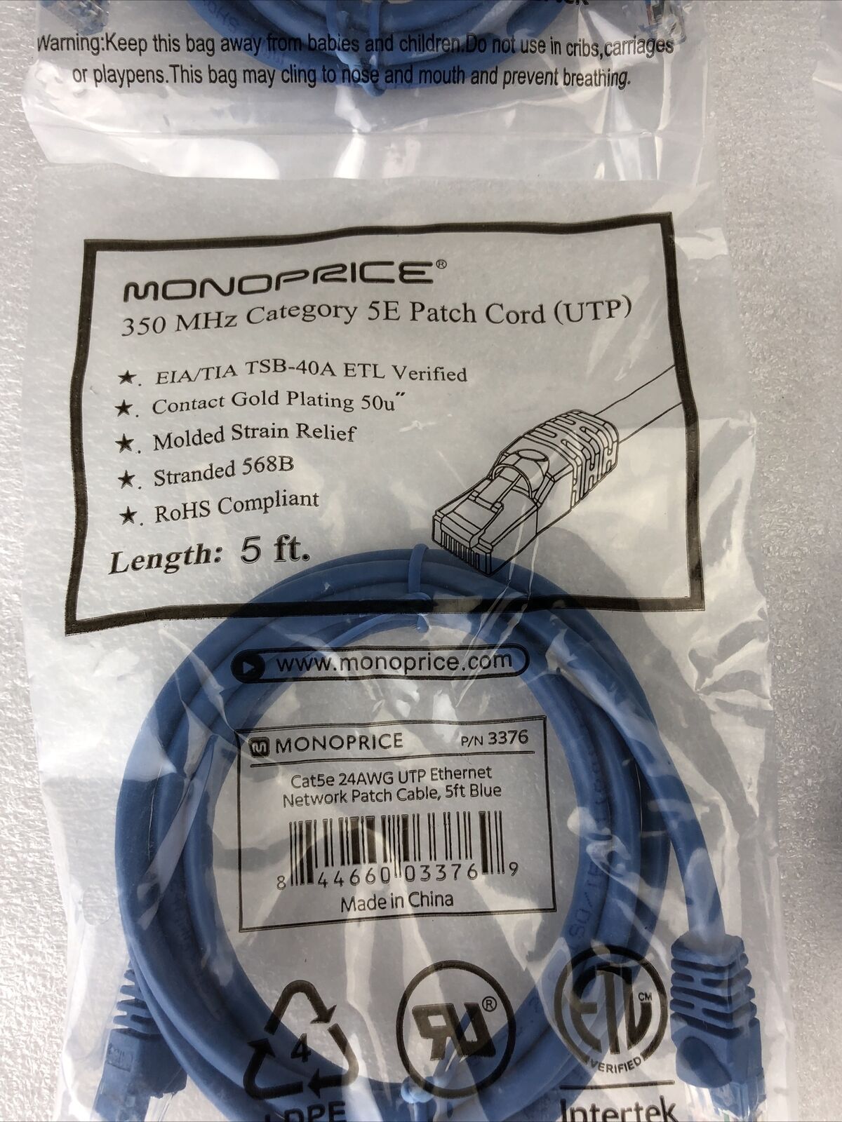 Monoprice Blue 5ft 5E Ethernet Patch Cord (UTP) - RJ45 350Mhz (Lot of 4)