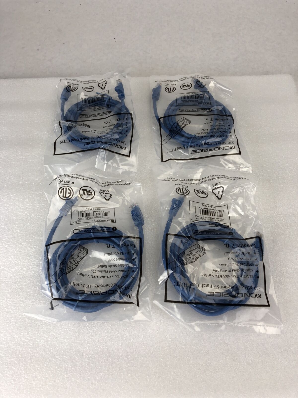 Monoprice Blue 7ft 5E Ethernet Patch Cord (UTP) - RJ45 350Mhz (Lot of 4)