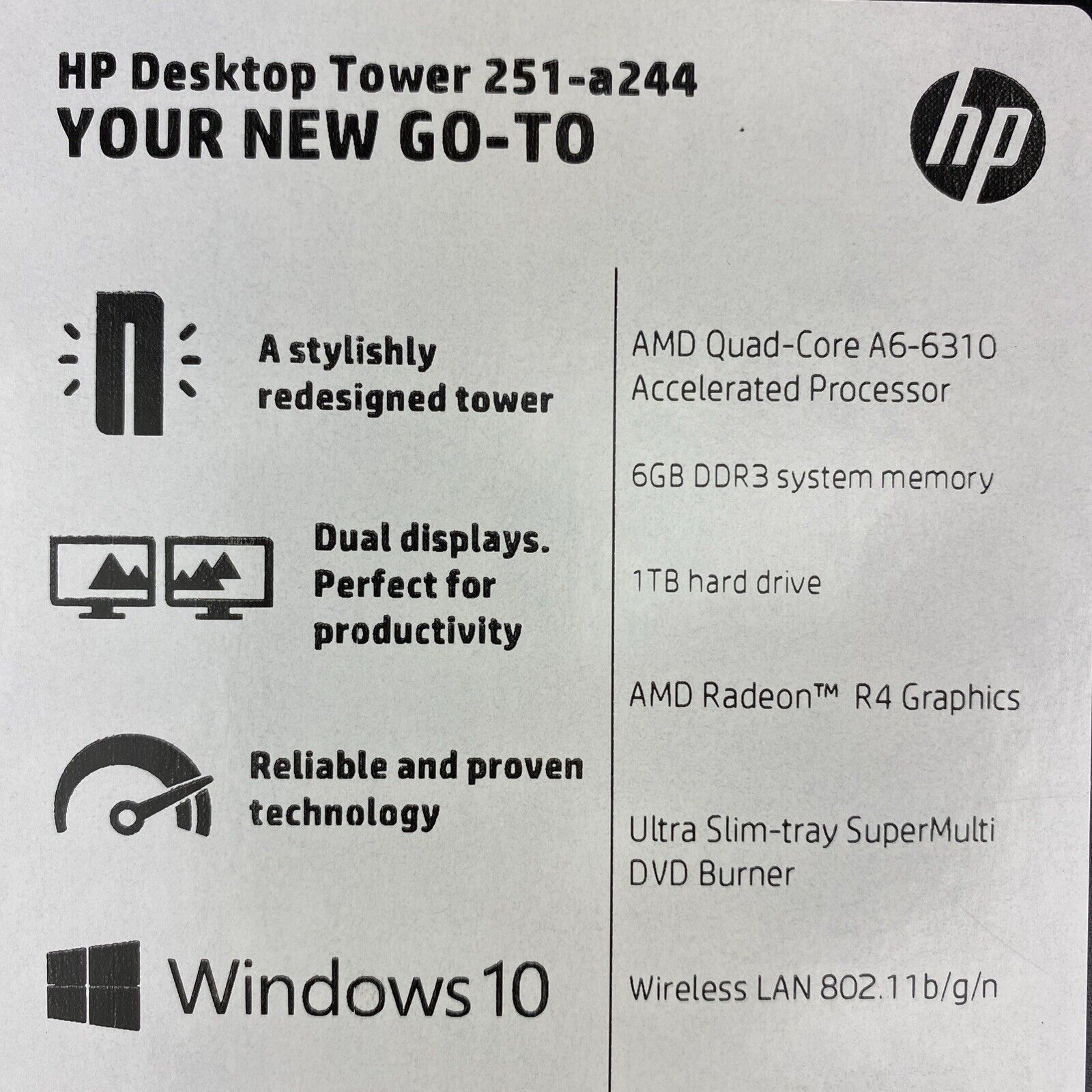 HP Desktop Tower 251-a244 AMD 4 Core A6-6310 1.80GHz 8GB Ram WiFi AC No HDD COA