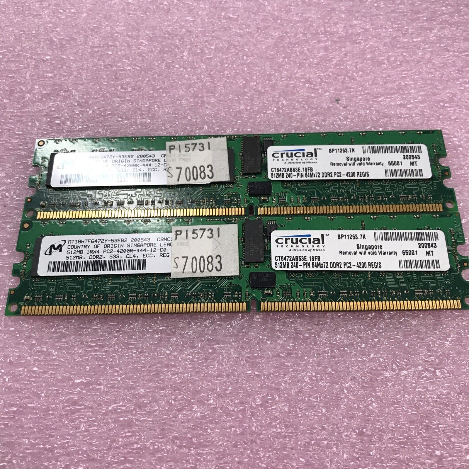 Micron (Lot of 2) 512 1Rx4 PC2-4200R-444-12-C0 Server Ram MT18HTF6472Y-53EB2