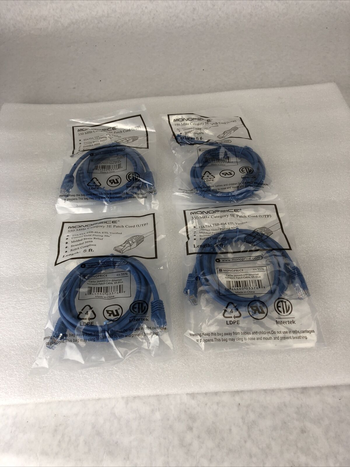 Monoprice Blue 5ft 5E Ethernet Patch Cord (UTP) - RJ45 350Mhz (Lot of 4)