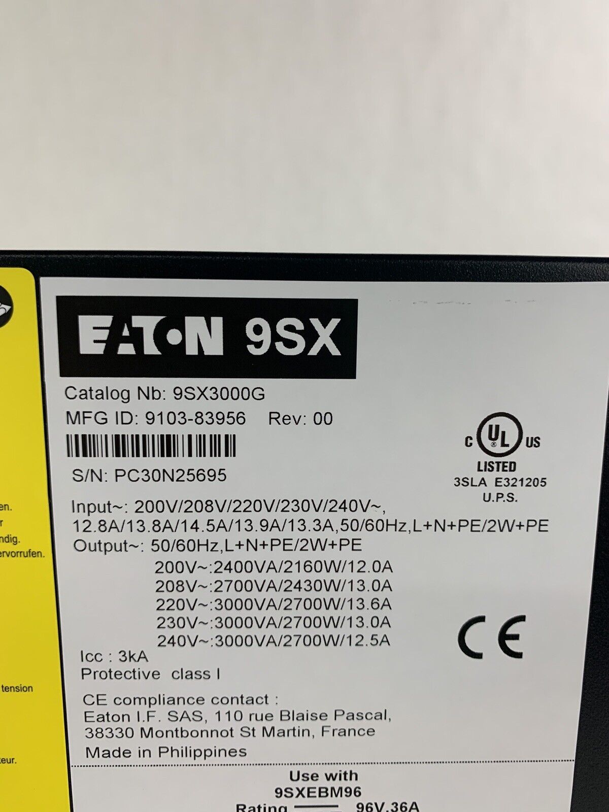 Eaton 9SX 3000G 208V Tower Past Recharge date Tested New Box Opened