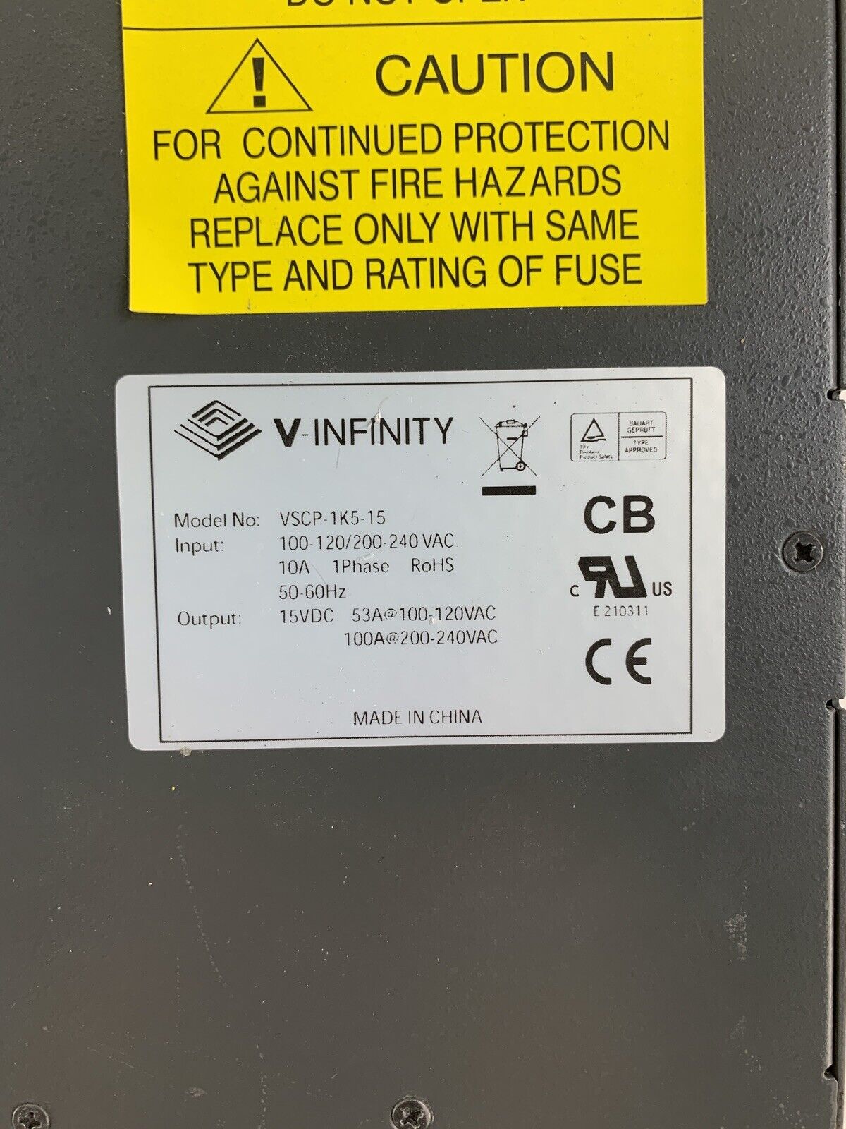 V-Infinity VSCP-1K5-15 Power Supply Adjustable 100-120/200-240Vac 10A 50-60Hz