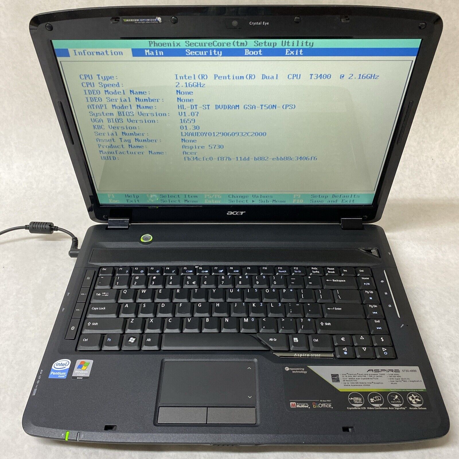 Acer Aspire 5730Z-4899 15.4" Pentium T3400 2.16ghz 3GB RAM No Battery AC HDD OS