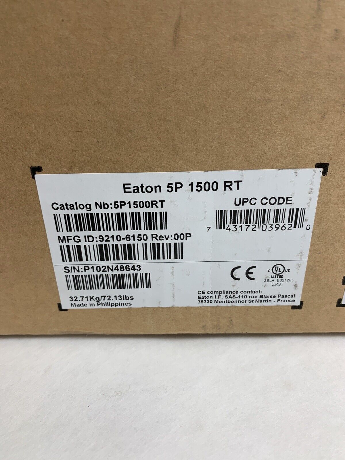 Eaton 5P1500RT 5p 1500VA UPS 125V - 50/60Hz 12A  2U Tower and Rack New Open Box