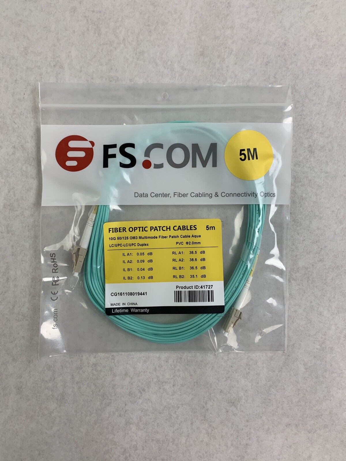 New FS.Com Fibre Optic Patch Cable 50/125 OM3 Multimode Color Aqua Length 5M