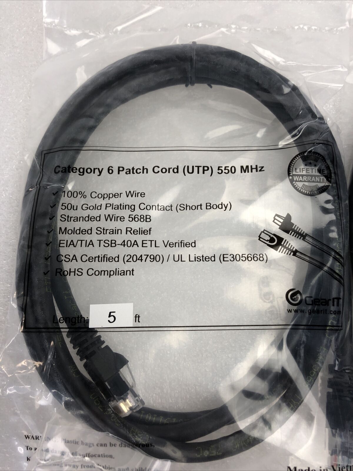 Category 6  Patch Cord UTP 5ft 550 Mhz (Lot of 4)