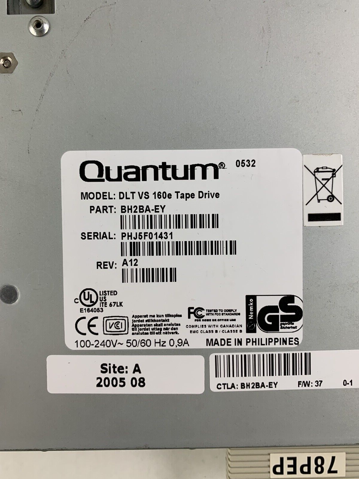 Quantum Tape Drive DLT-VS160 VS160e 160 GB BH2BA-EY Power Tested & Loads Tapes