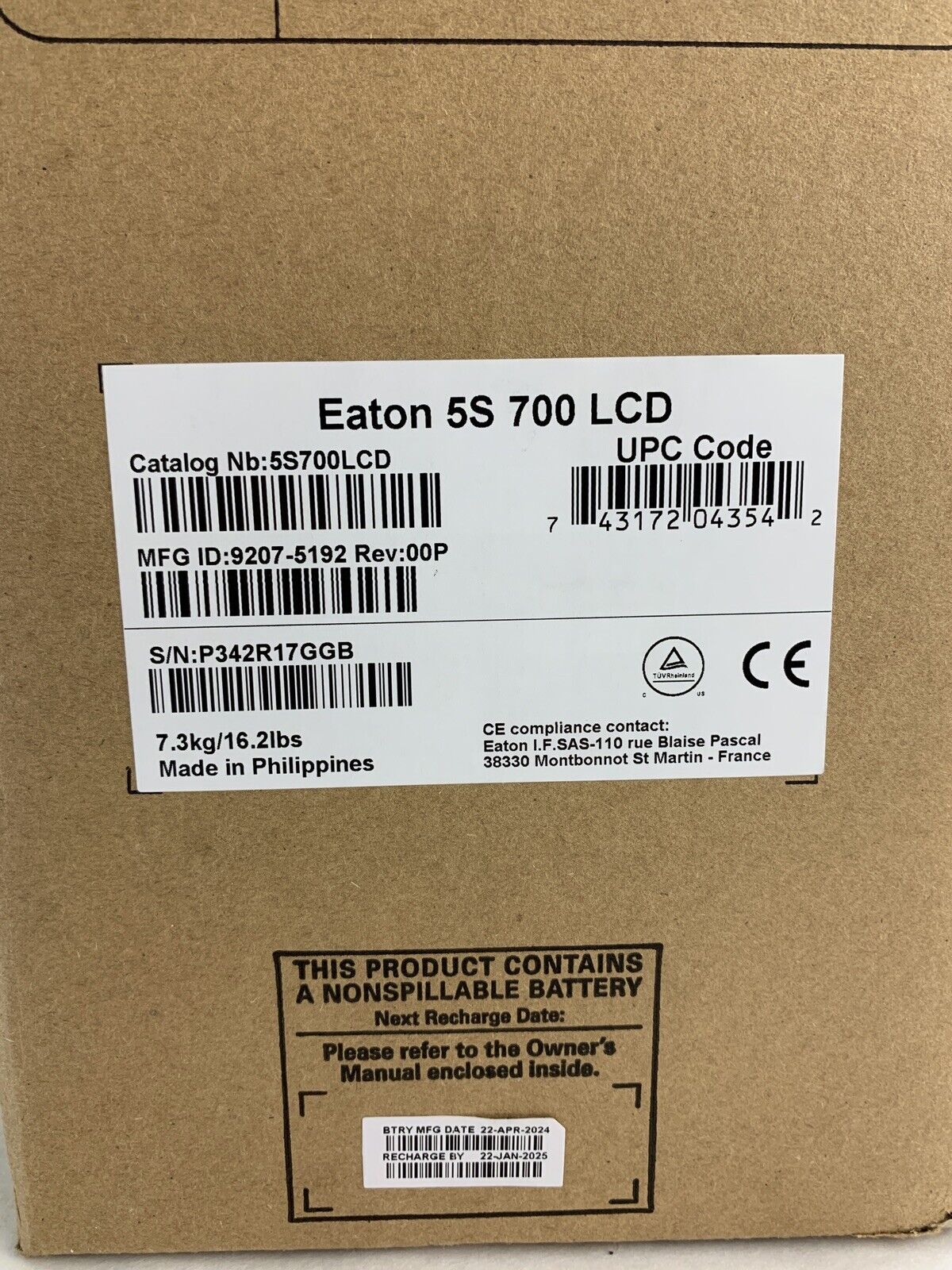 Eaton 5S700LCD 5S UPS 700VA 420W 115V MFG 4/2024 Recharge 1/2025 Box Opened