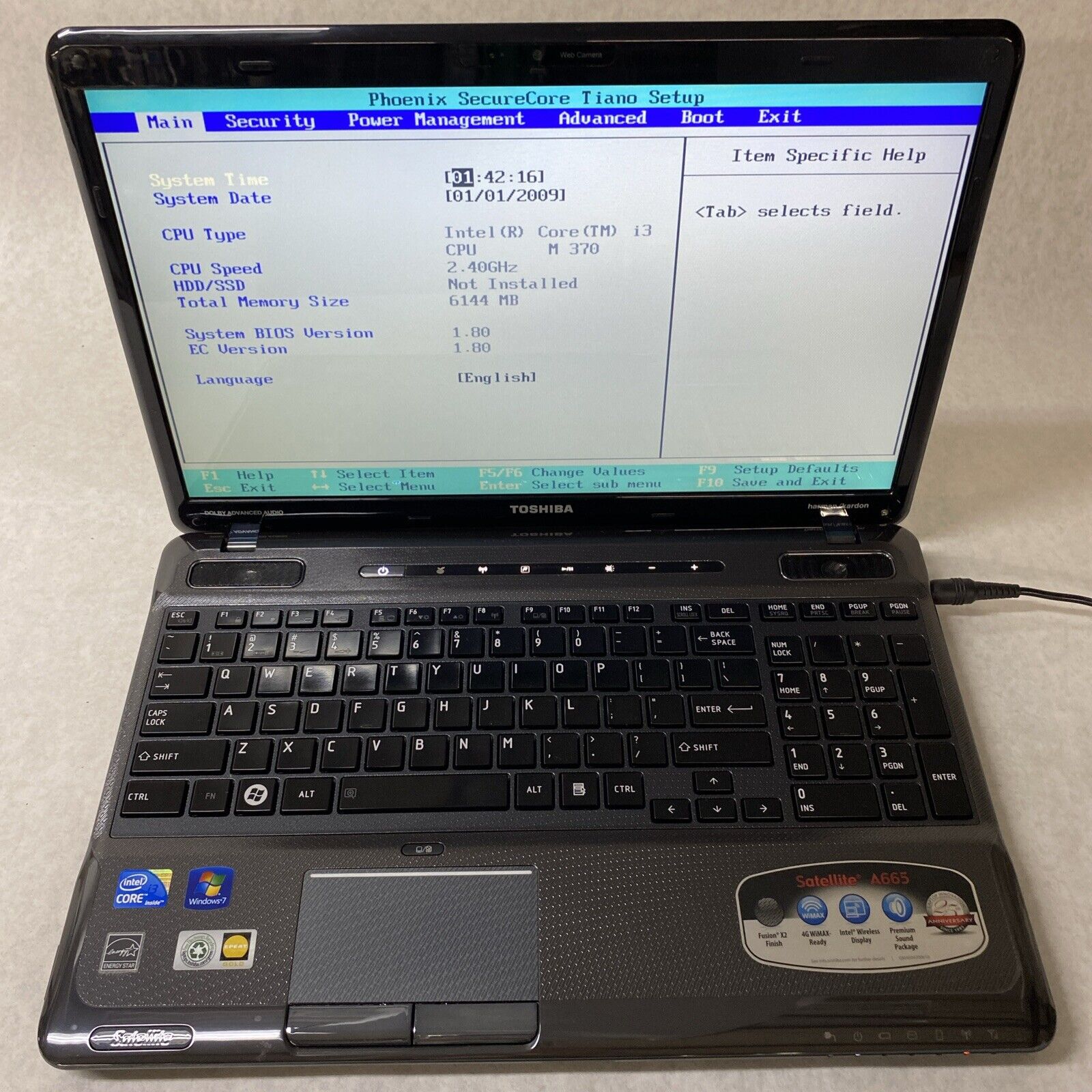 TOSHIBA Satellite A665-6086 15.6" Intel i3-M370 2.4GHz 6GB RAM No Battery HDD OS