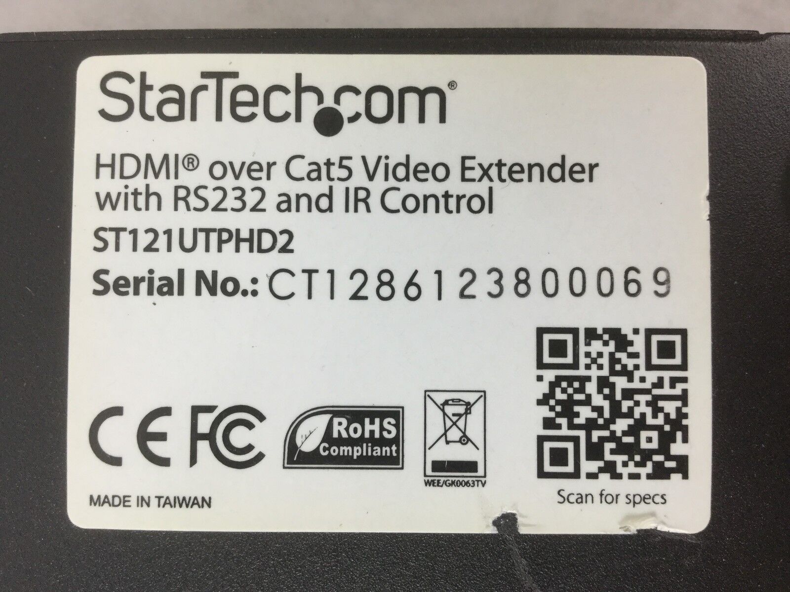 StarTech ST121UTPHD2 HDMI over Cat5 Video Extender w/RS232 & IR Control,OUT ONLY