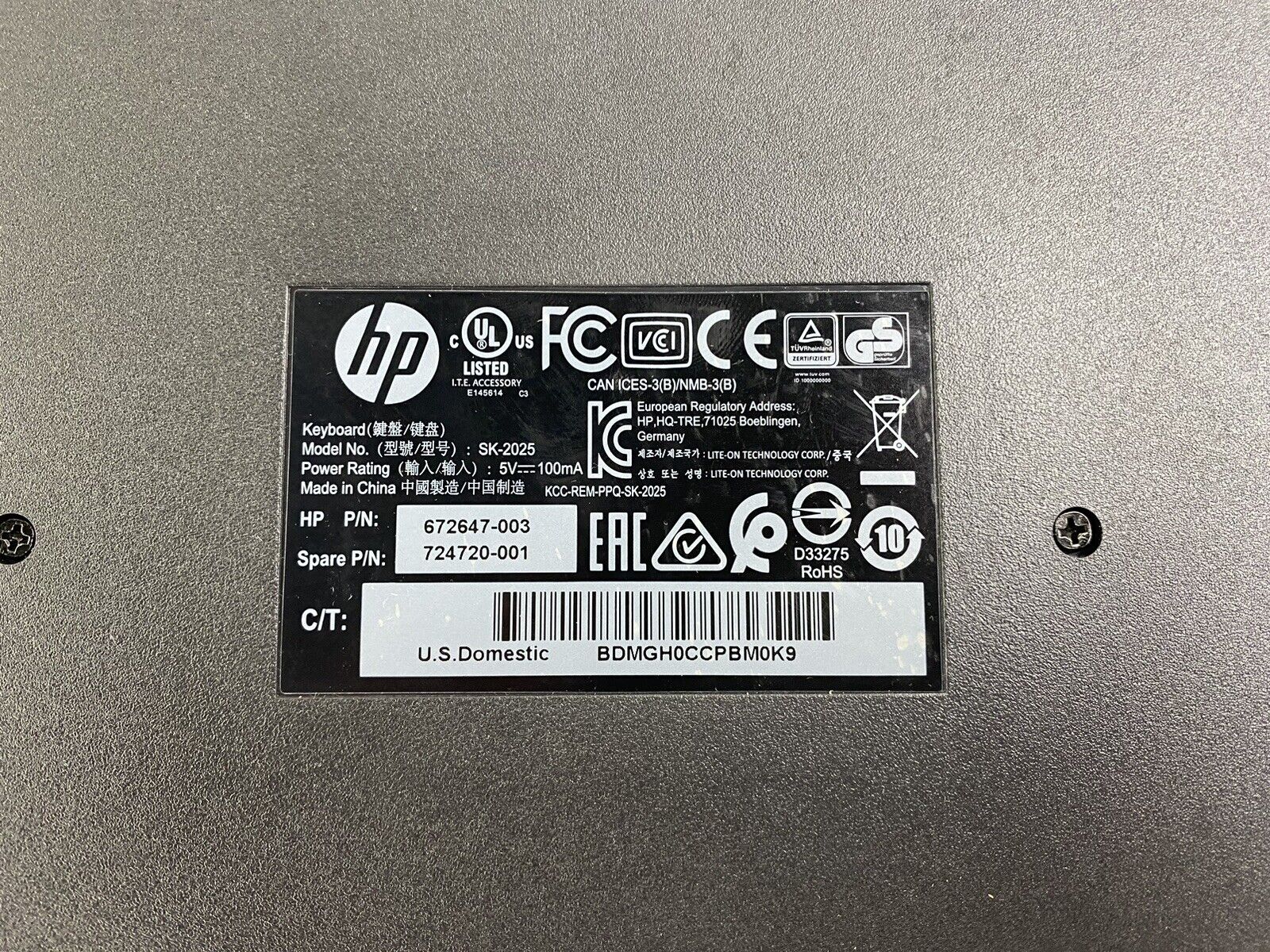 HP Model SK-2025 HP P/N: 672647-003 USB Wired Keyboard Tested