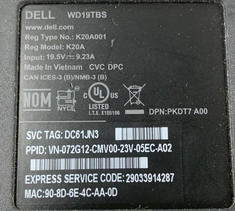 Dell WD19S K20A001 USB-C 180W Docking Station