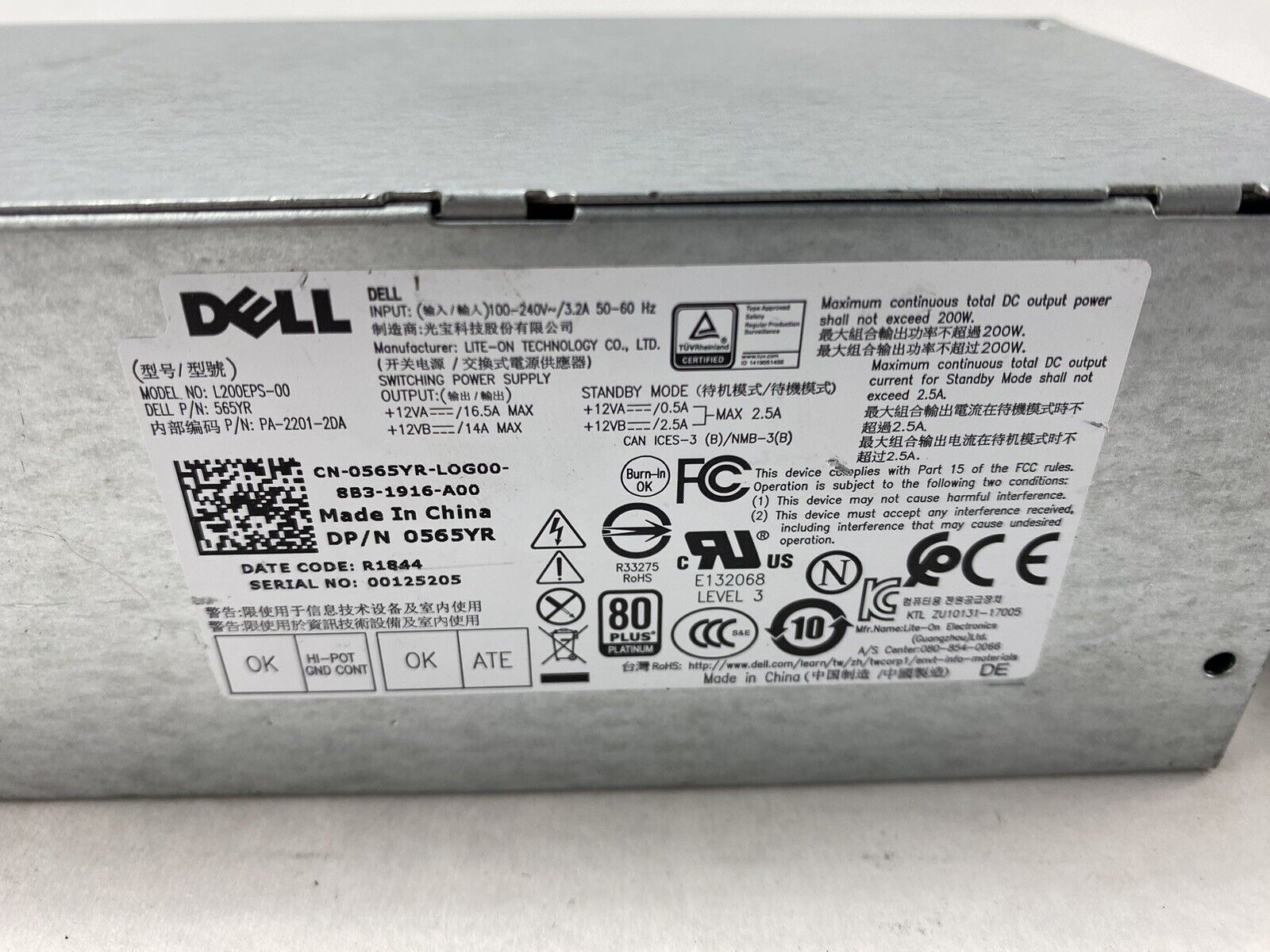 Dell L200EPS-00 0565YR 200W 80 Plus Platinum Power Supply Tested