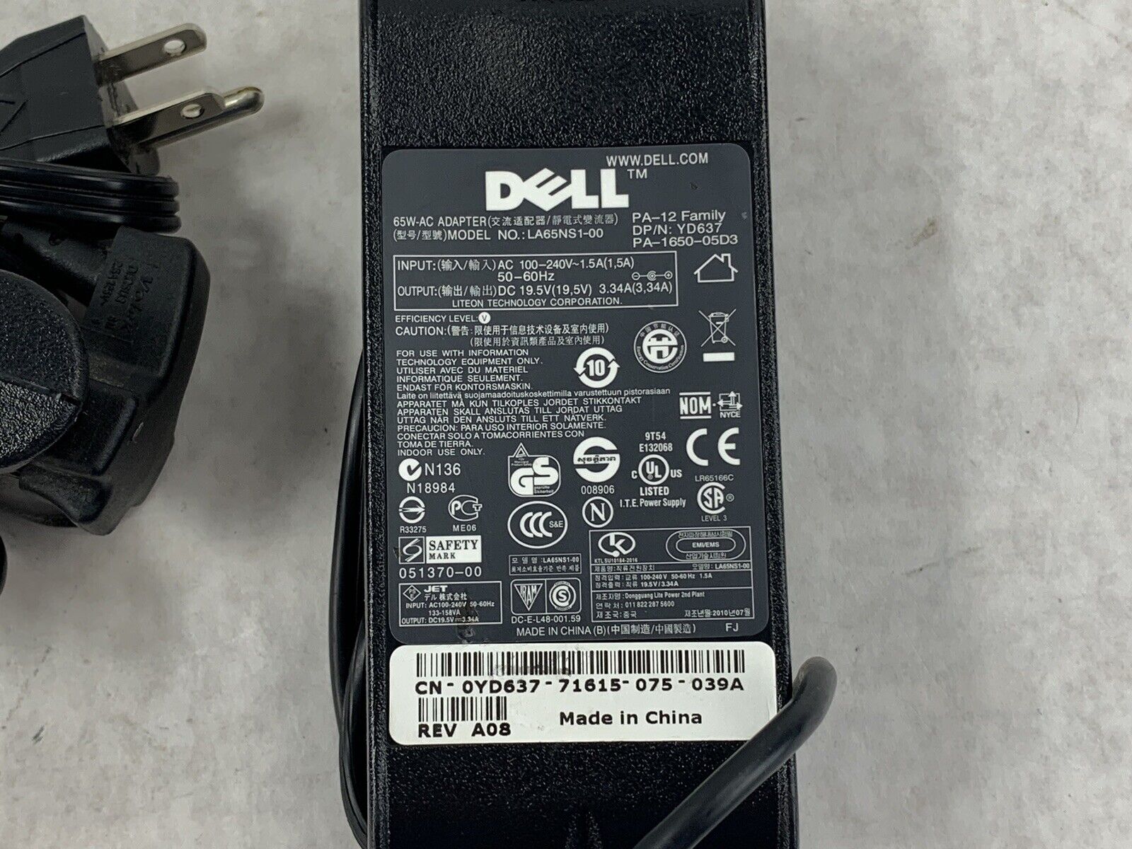 Dell LA65NS1-00 PA-12 Laptop Charger PA-12 Family AC 240V 1.5A 60Hz 0YD637