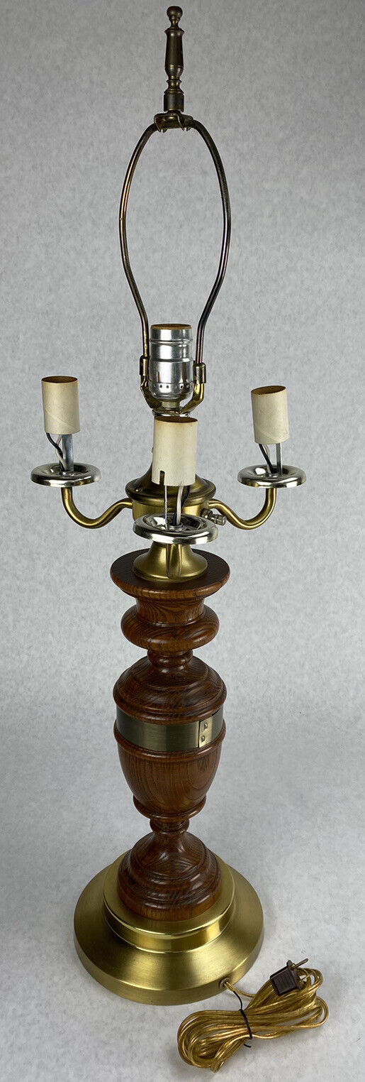 Vintage 1 + 3 Bulb Candelabra Wood Brass Table Lamp 9ft Cord NO SHADE