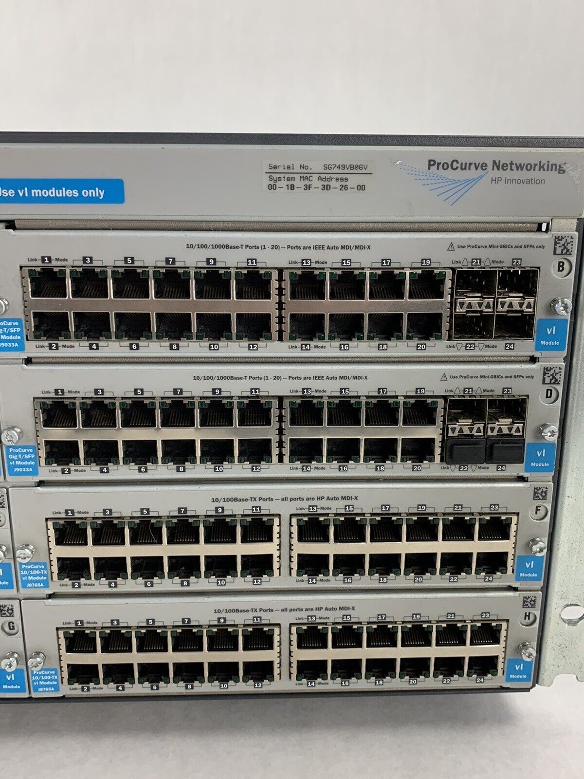 HP ProCurve Network Switch J8773A 4208VL Chassis w/ 6x J8768A and 2x J9033A