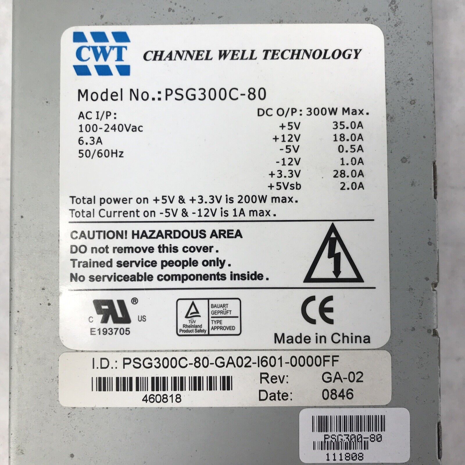 CWT PSG300C-80 Power Supply PSU 20-pin ATX Channel Well Technology