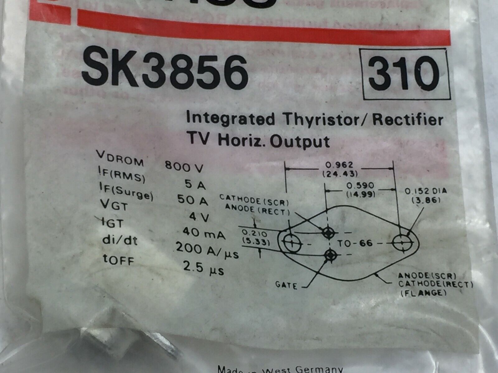 RCA SK3856 Integrated Thyristor / Rectifier TV Horiz Output