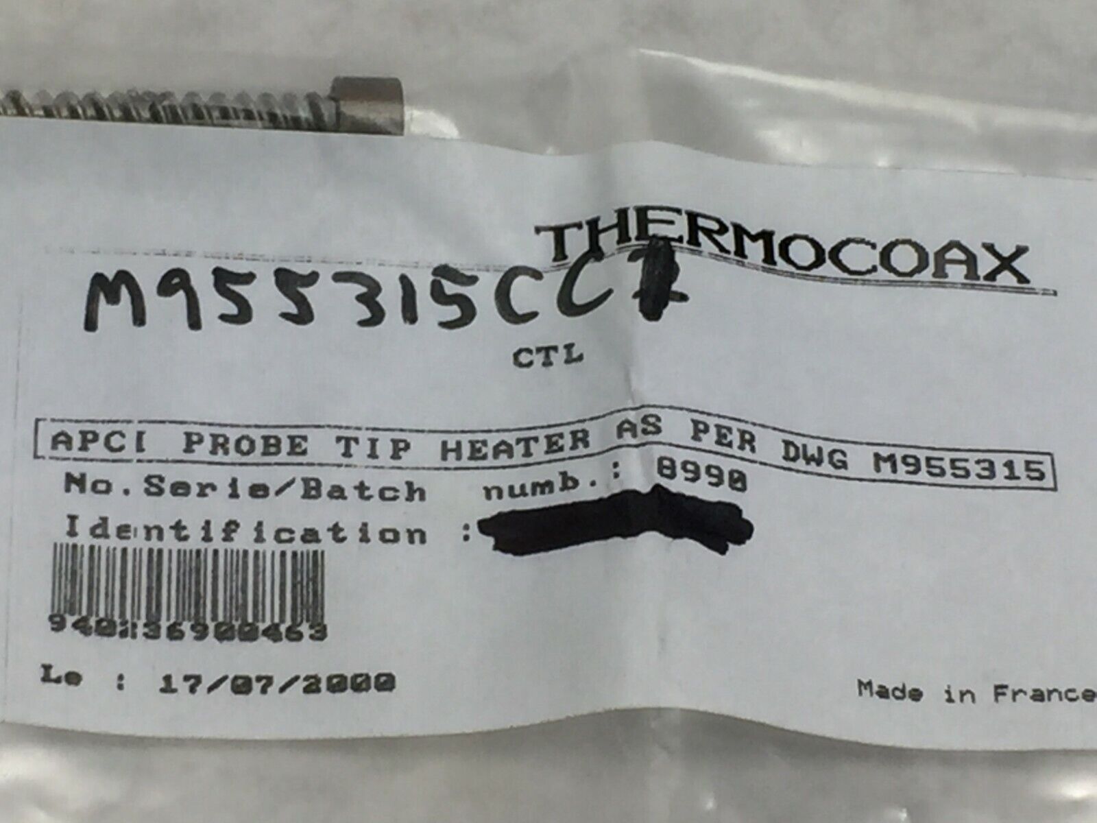 Thermocoax APCI Probe Tip Heater As Per DWG M955315    Factory Sealed