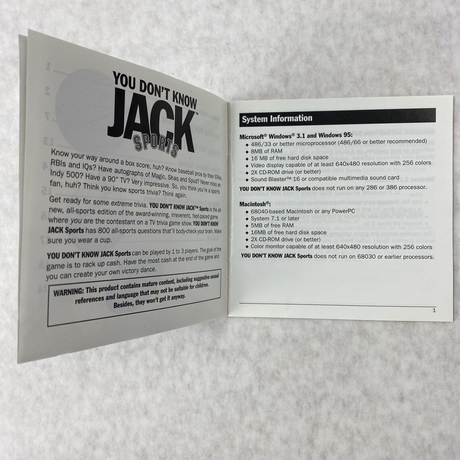 You Don't Know Jack Sports 1996 PC by Berkley Systems with User Manual