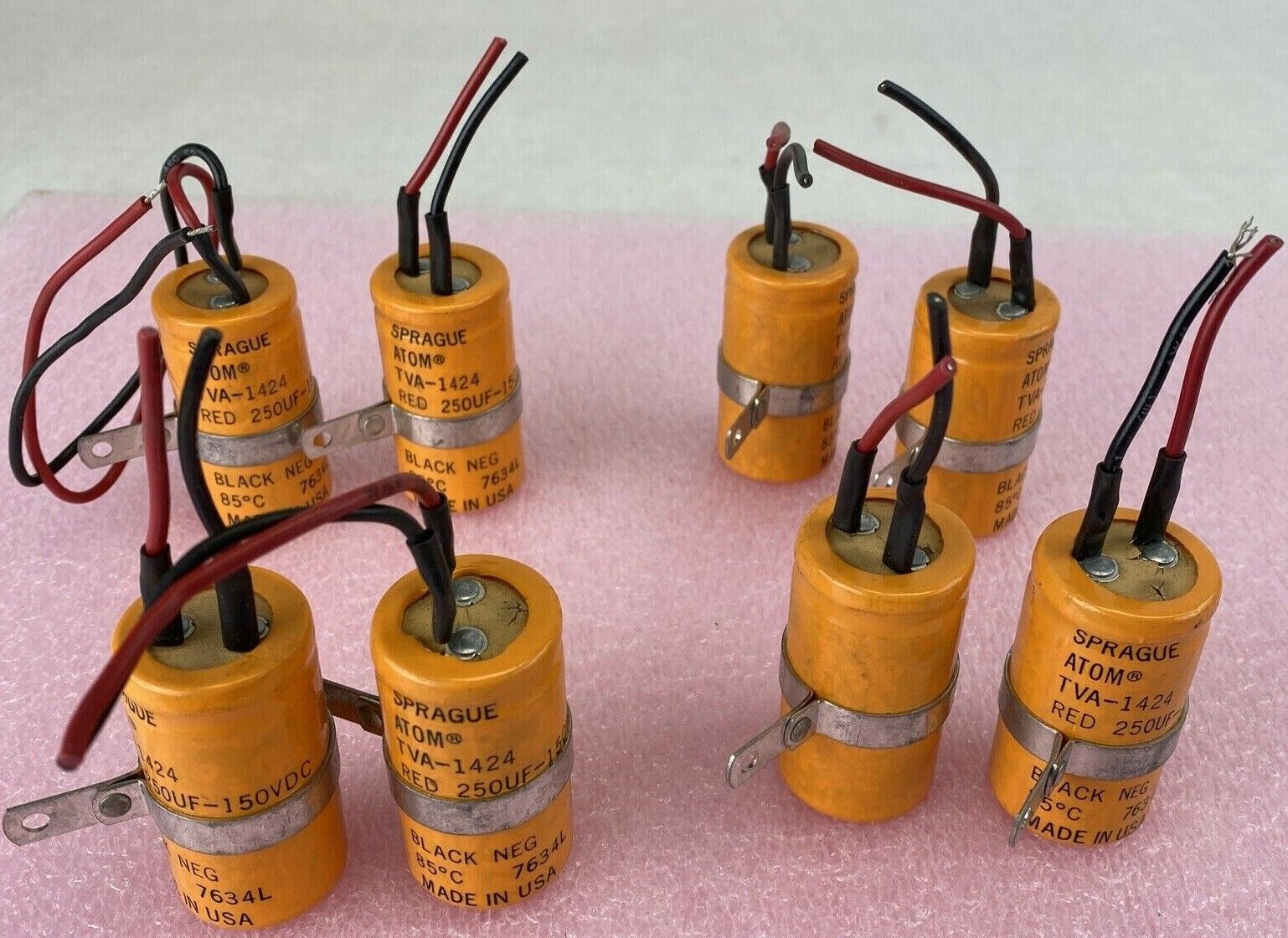 Lot of 8 Sprague ATOM TVA-1424 Axial Capacitors 250uF 150VDC 85°C 7634L