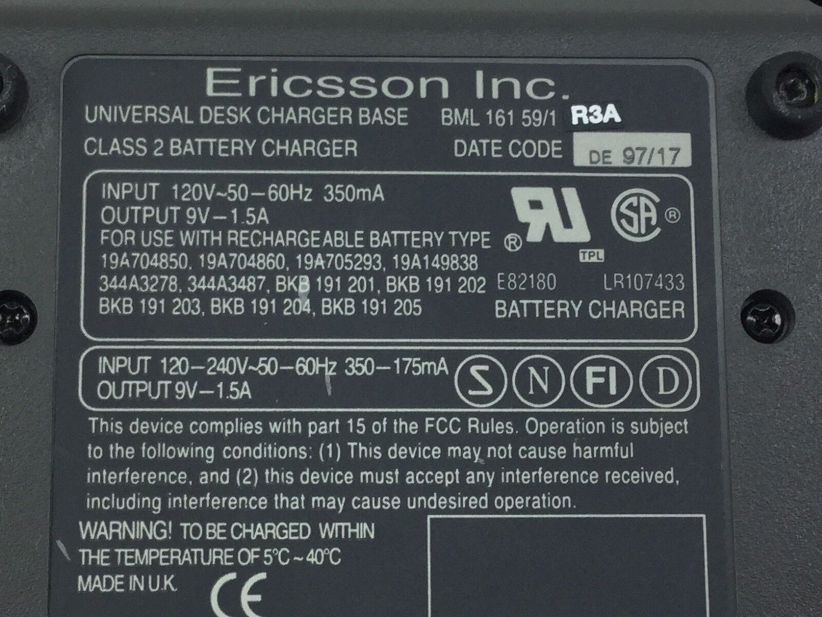 Ericsson Inc Universal Desk Charger Base Class 2  BML 161 59/1 R3A   Lot of 10