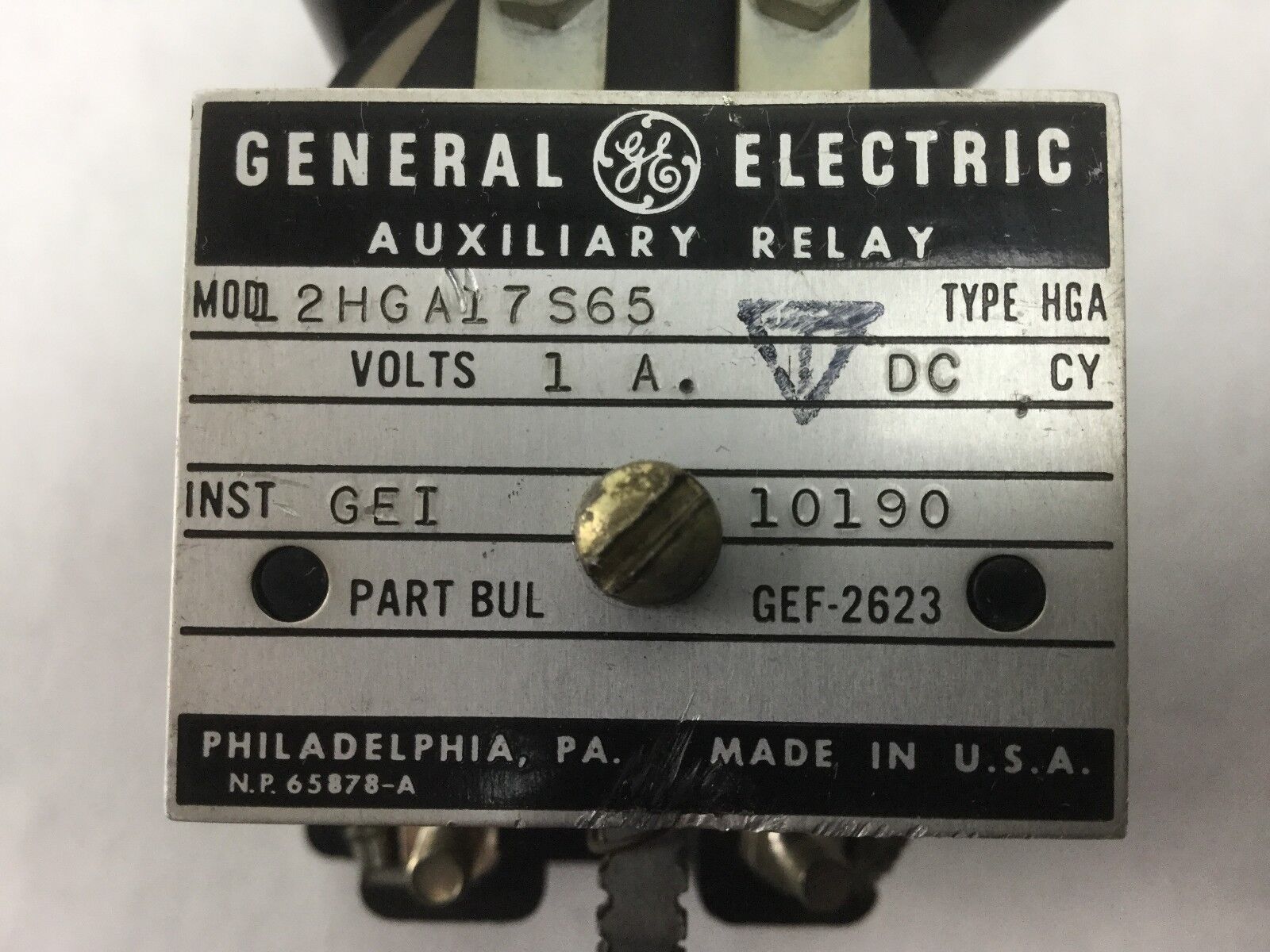 GENERAL ELECTRIC GE 2HGA17S65 Auxiliary Relay