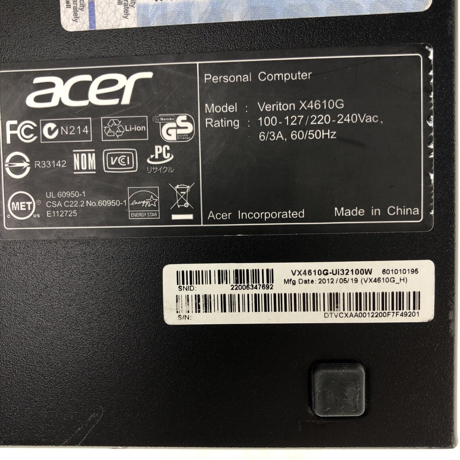 Acer Veriton X4610G Intel Core i3-2120 3.30GHz CPU 4GB RAM DVD-RW No HDD No OS