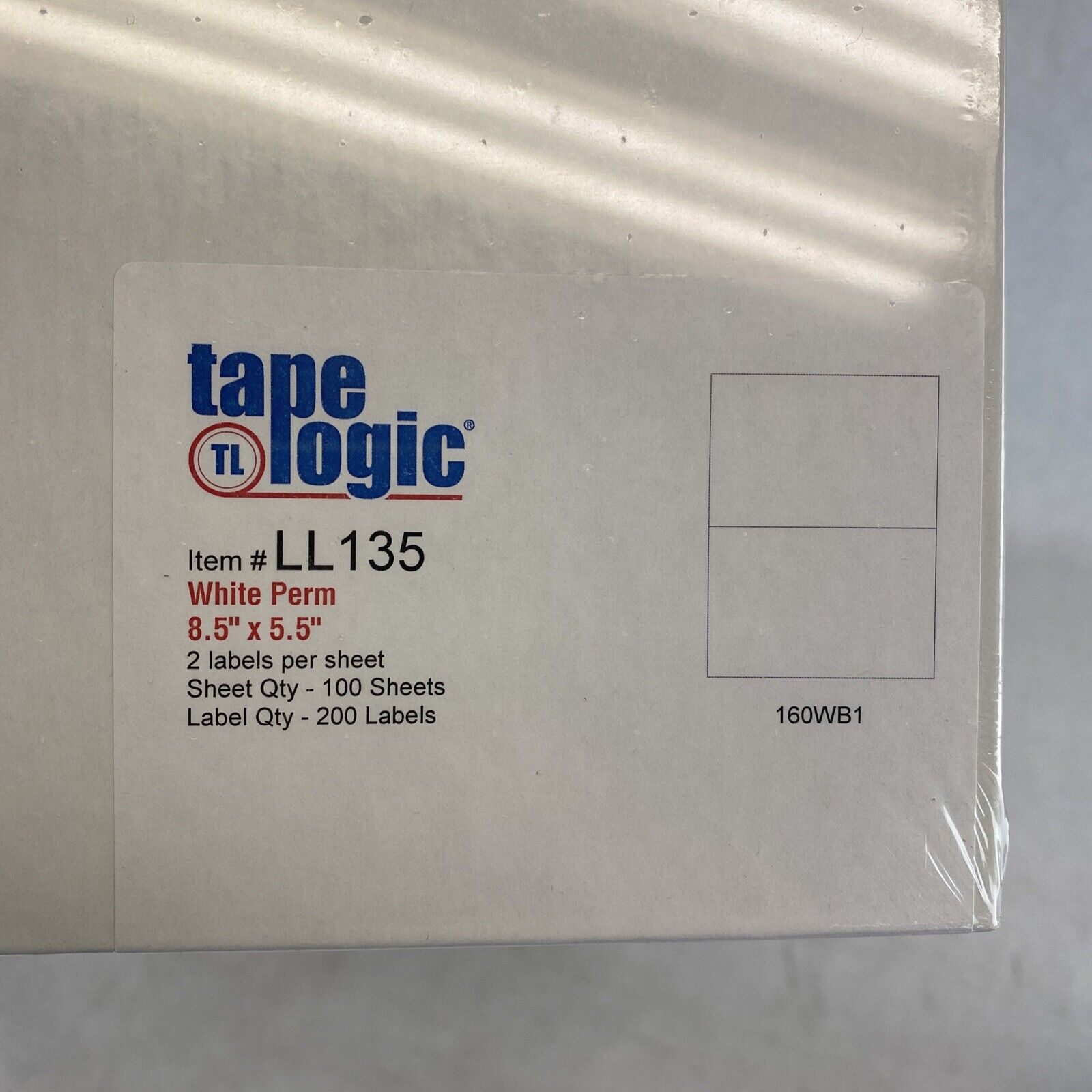 Tape Logic LL135 100x 8.5" x 5.5" sheets w 2 Rectangle 160WB1 White laser labels