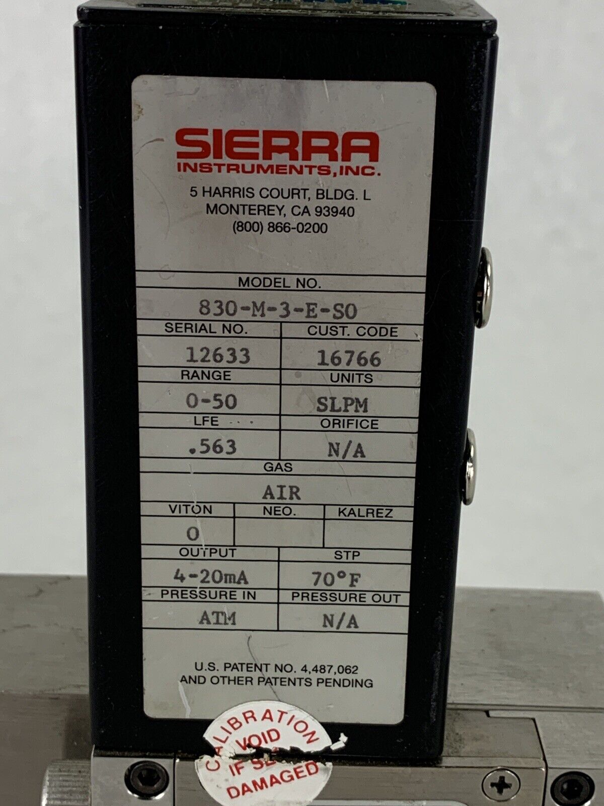 BH Sierra Instruments 830-M-3-E-S0 Mass Flow Controller 0-50 SLPM