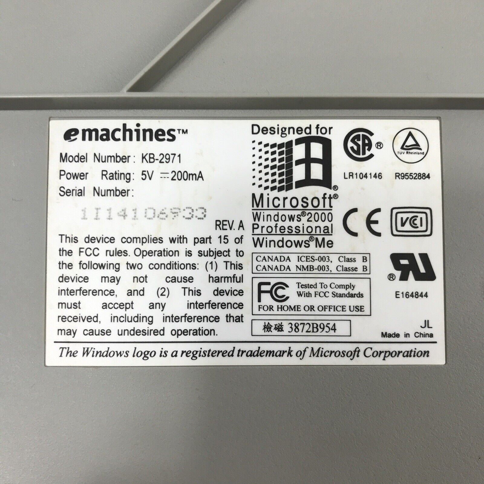 EMachines KB-2971 5V 200mA PS2 Wired Keyboard