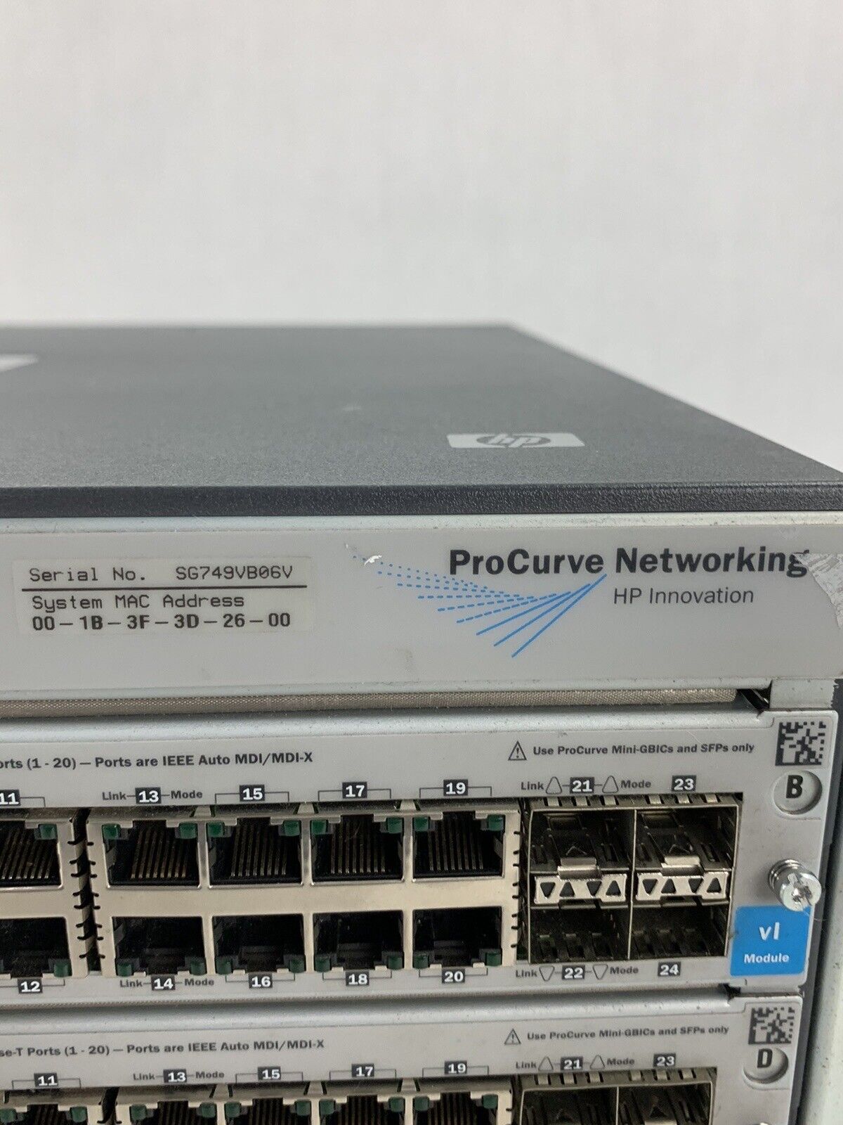 HP ProCurve Network Switch J8773A 4208VL Chassis w/ 6x J8768A and 2x J9033A