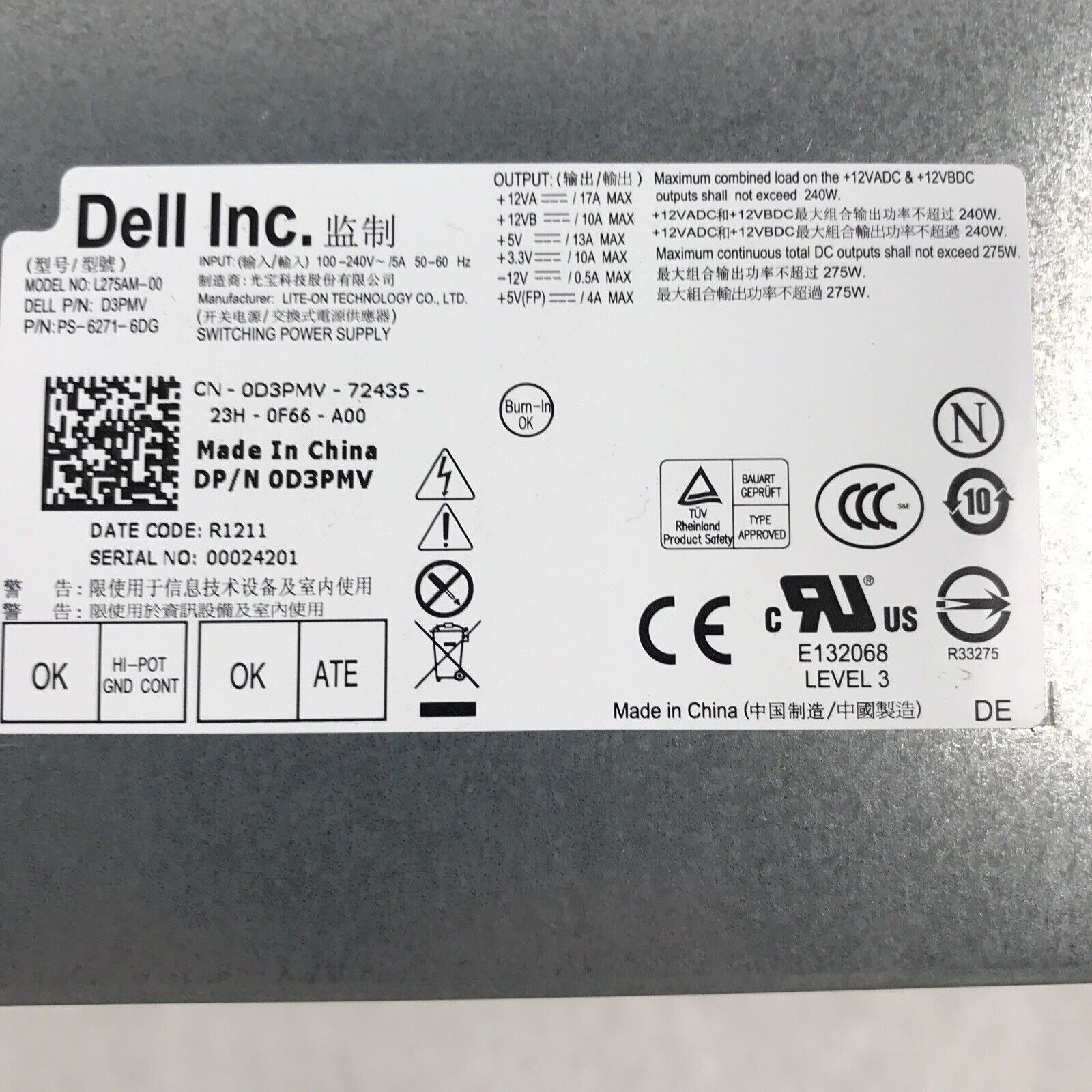 Dell D3PMV 240V 24-Pin 5A 60Hz 275W L275AM-00 Desktop Power Supply PS-6271-6DG