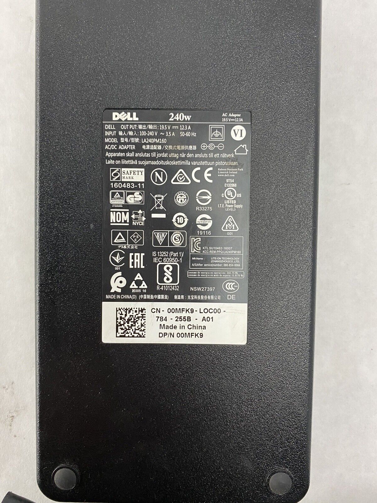 Dell LA240PM160 240W 19.5V 12.3A AC Adapter 00MFK9