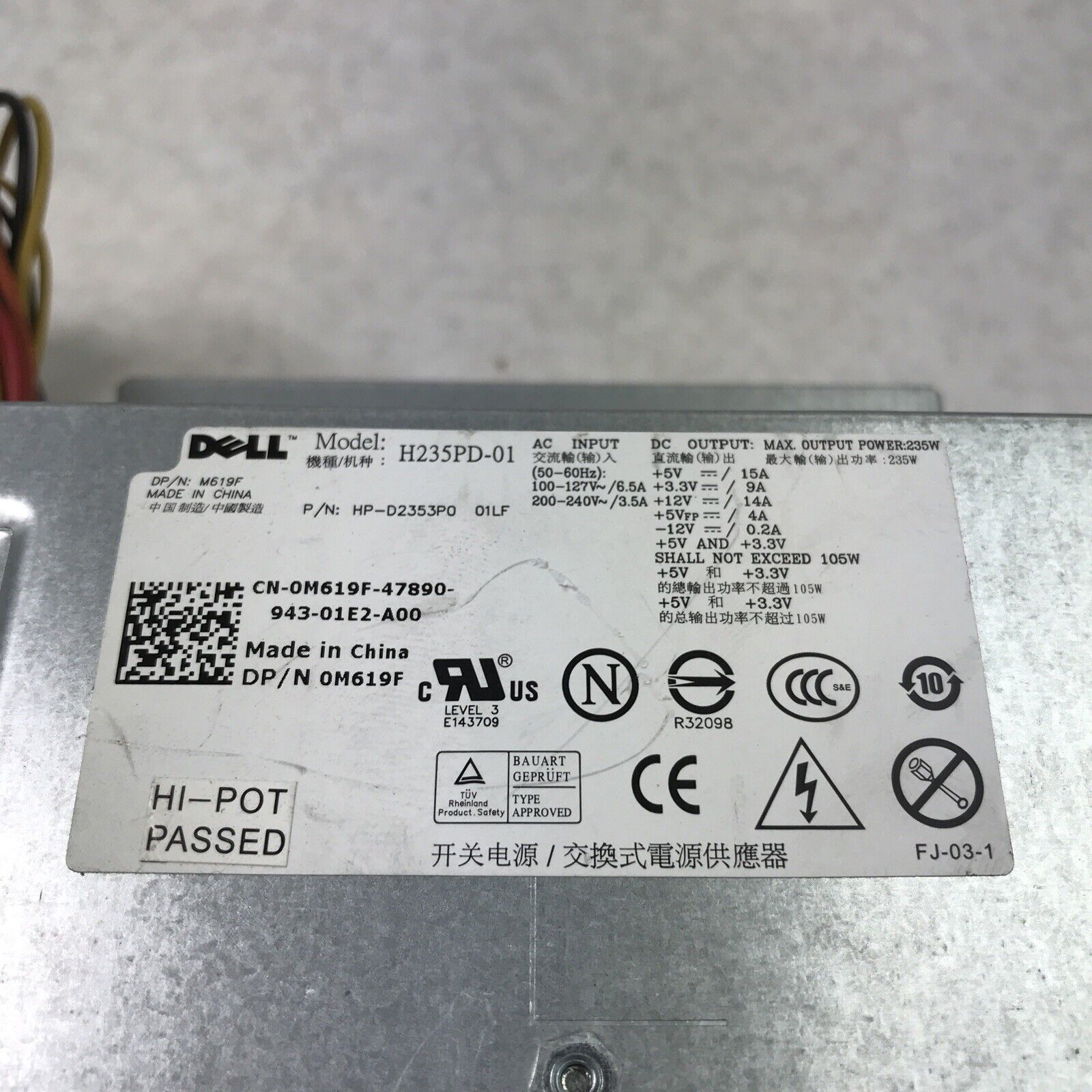 Dell H235PD Power Supply 60Hz 240V  HP-D2353P0 M619F 105W (Tested and Working)