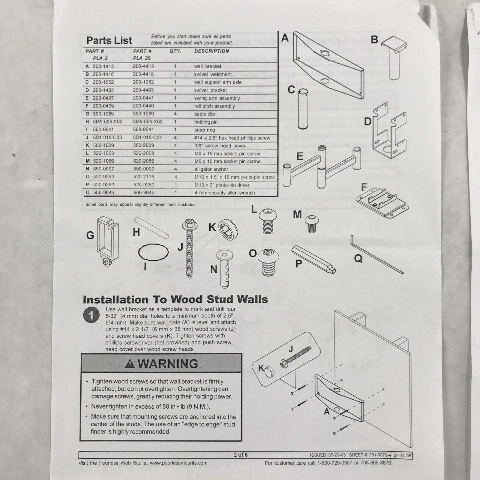 Peerless PLA-2 Solid Point Articulating Swivel Flat Panel Mount