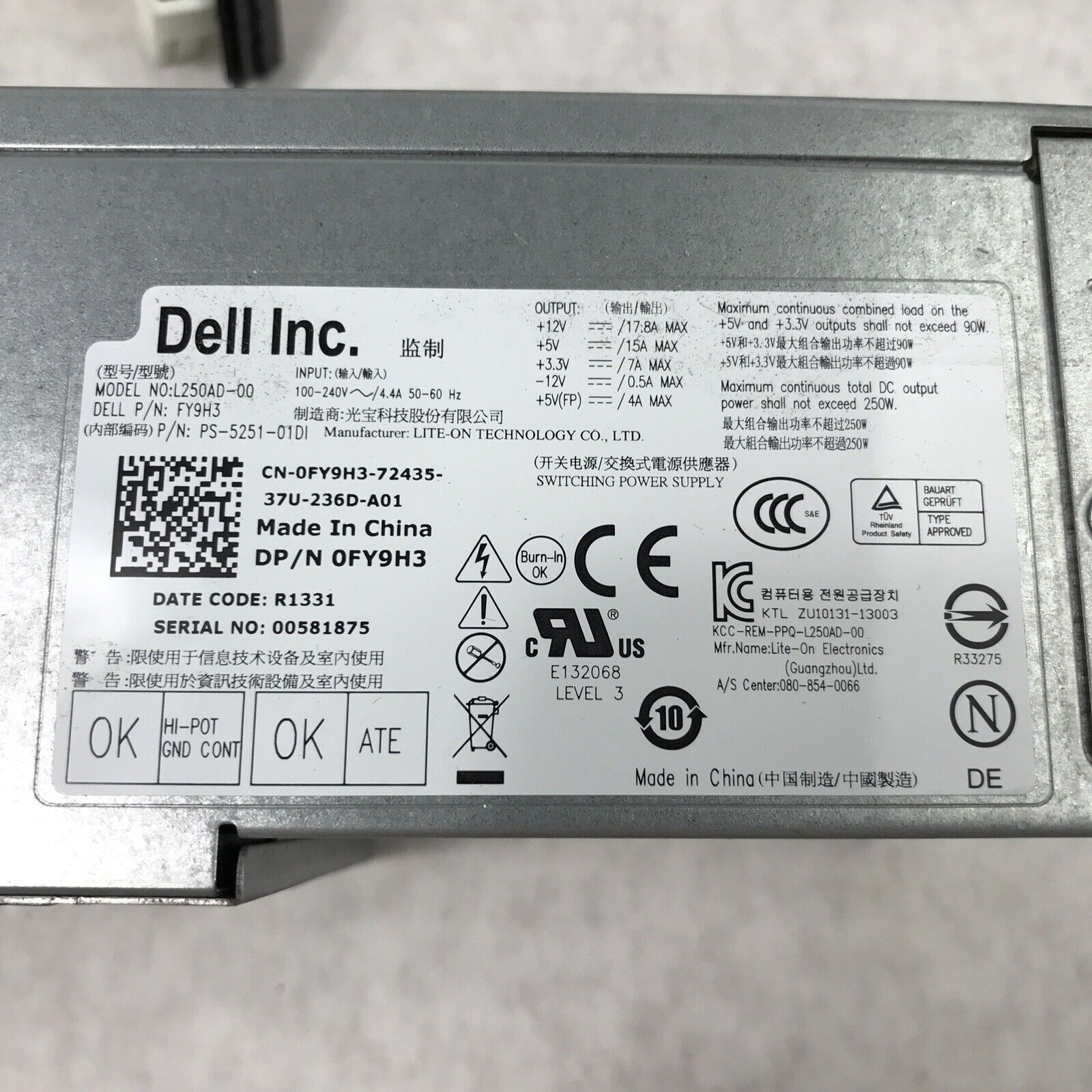 Dell FY9H3 OptiPlex 3010 7010 250W Desktop Power Supply