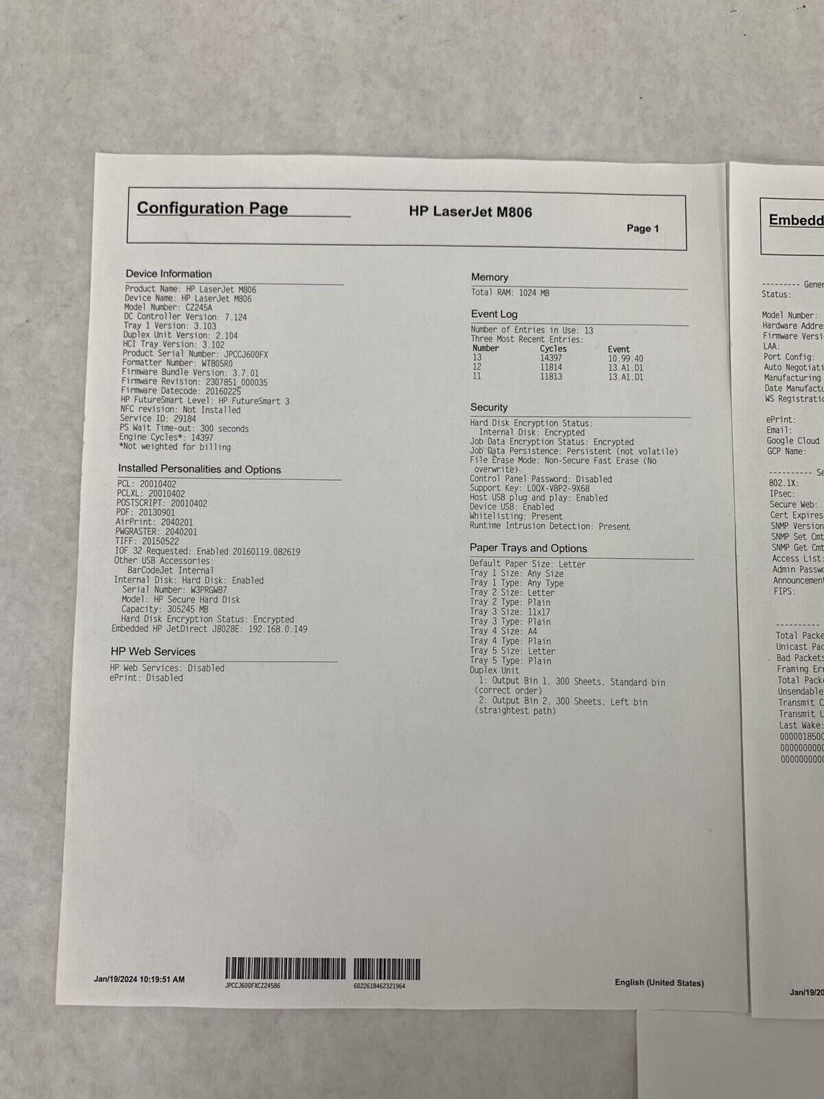 HP LaserJet Enterprise M806X CZ245A Multifunction Printer Tested and Working