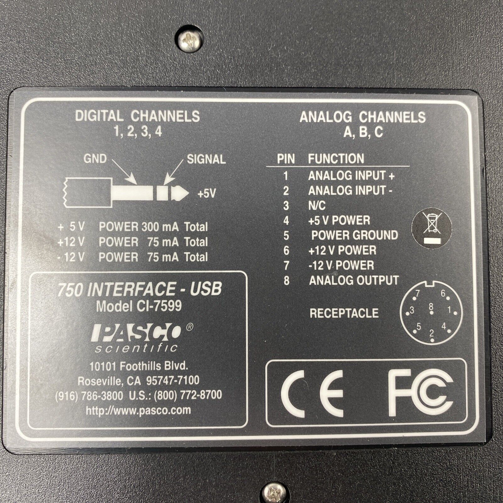 Pasco CI-7599 Scientific Workshop 750 Interface USB-B with Power Adapter