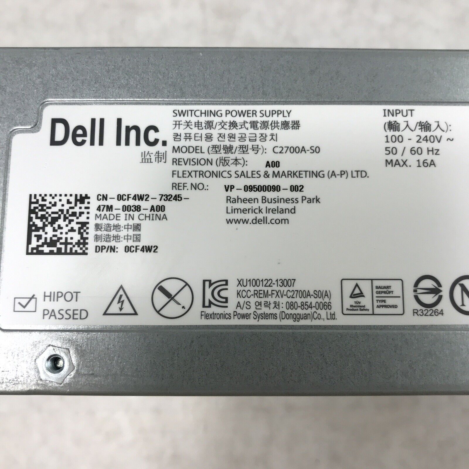 Dell CF4W2 C2700A-50 240V 16A 2700W Switching Power Supply 80+ Platinum MW3H3