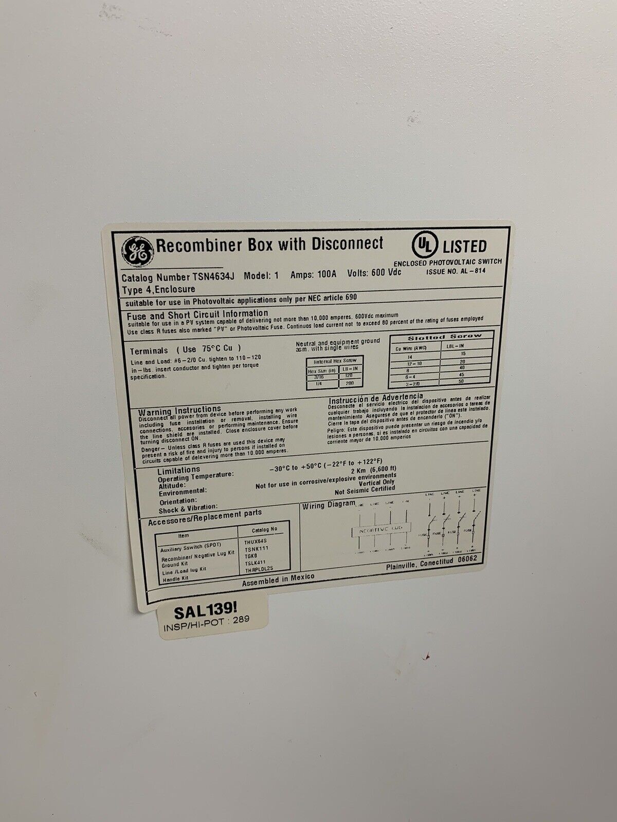 GE Solar Duty Safety Switch TSN4634J 100A 600 VDC