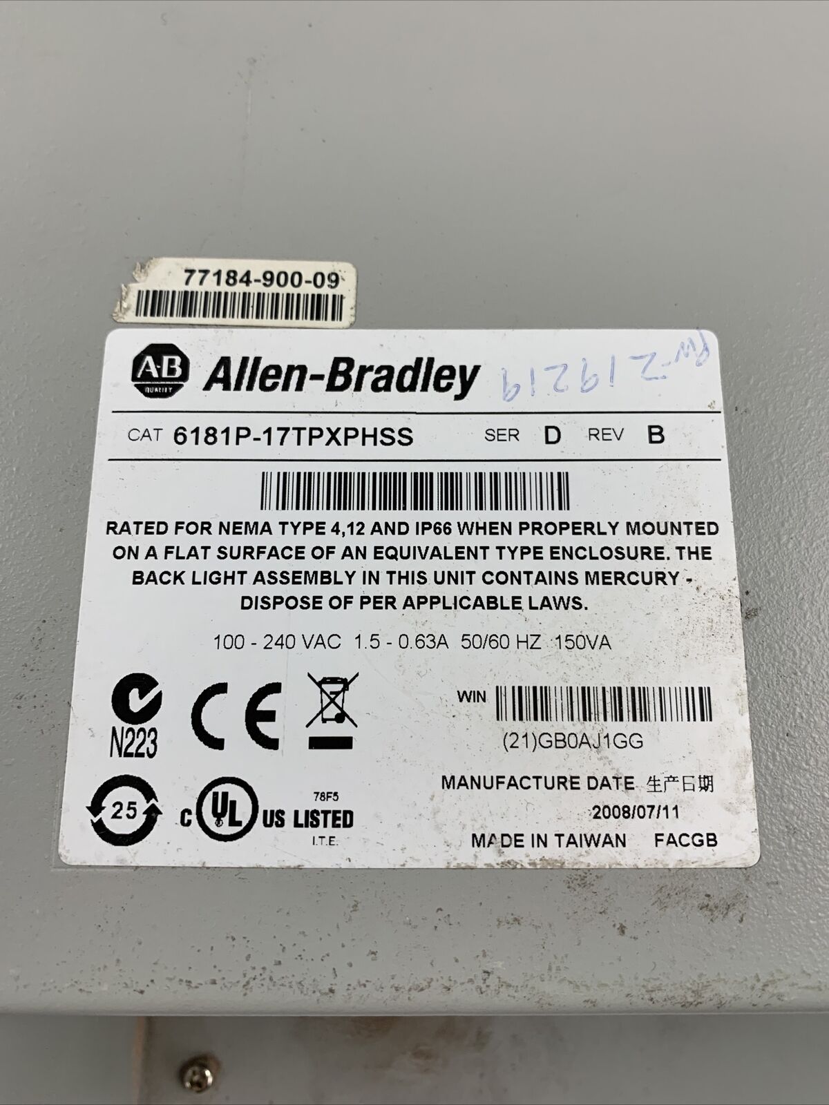 Allen Bradley 6181P-17TPXP12SS Intel Pentium 4 2GHz 1GB RAM No HDD No OS