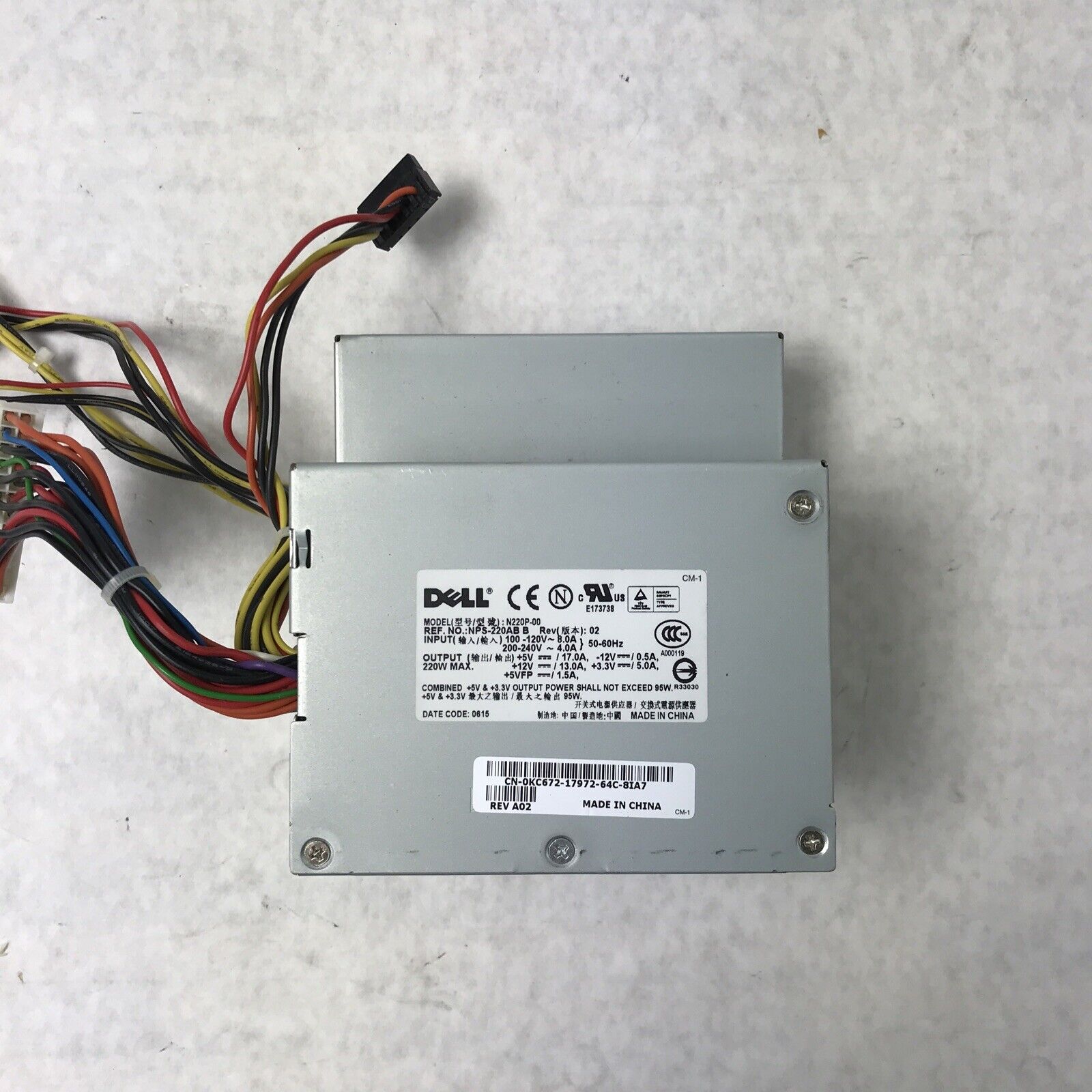 Dell KC672 240V 24-Pin 60Hz 8.0A 220W Desktop Power Supply N220P-00 0KC672