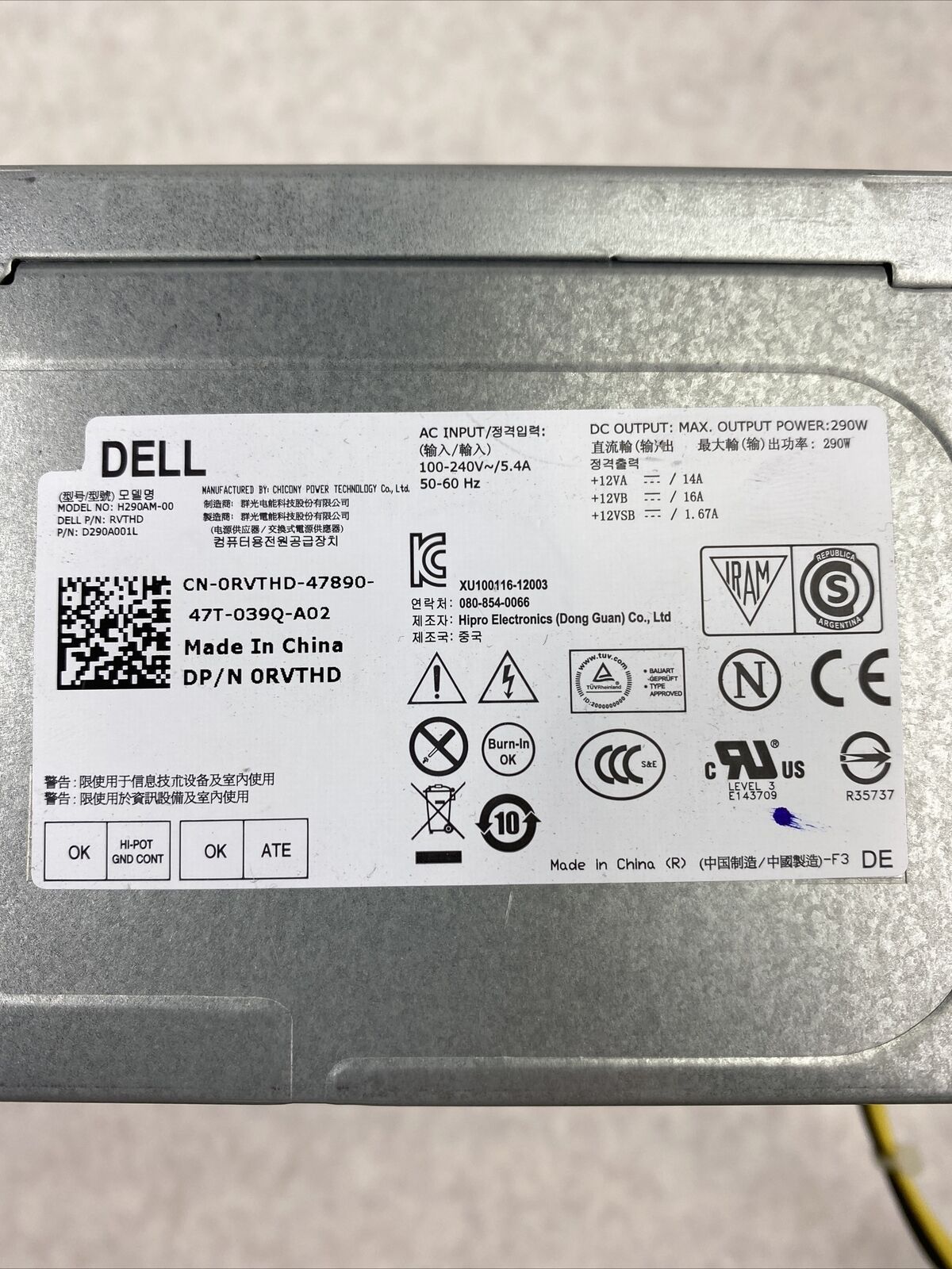 Dell 0RVTHD 290W Power Supply H290AM-00 D290A001L